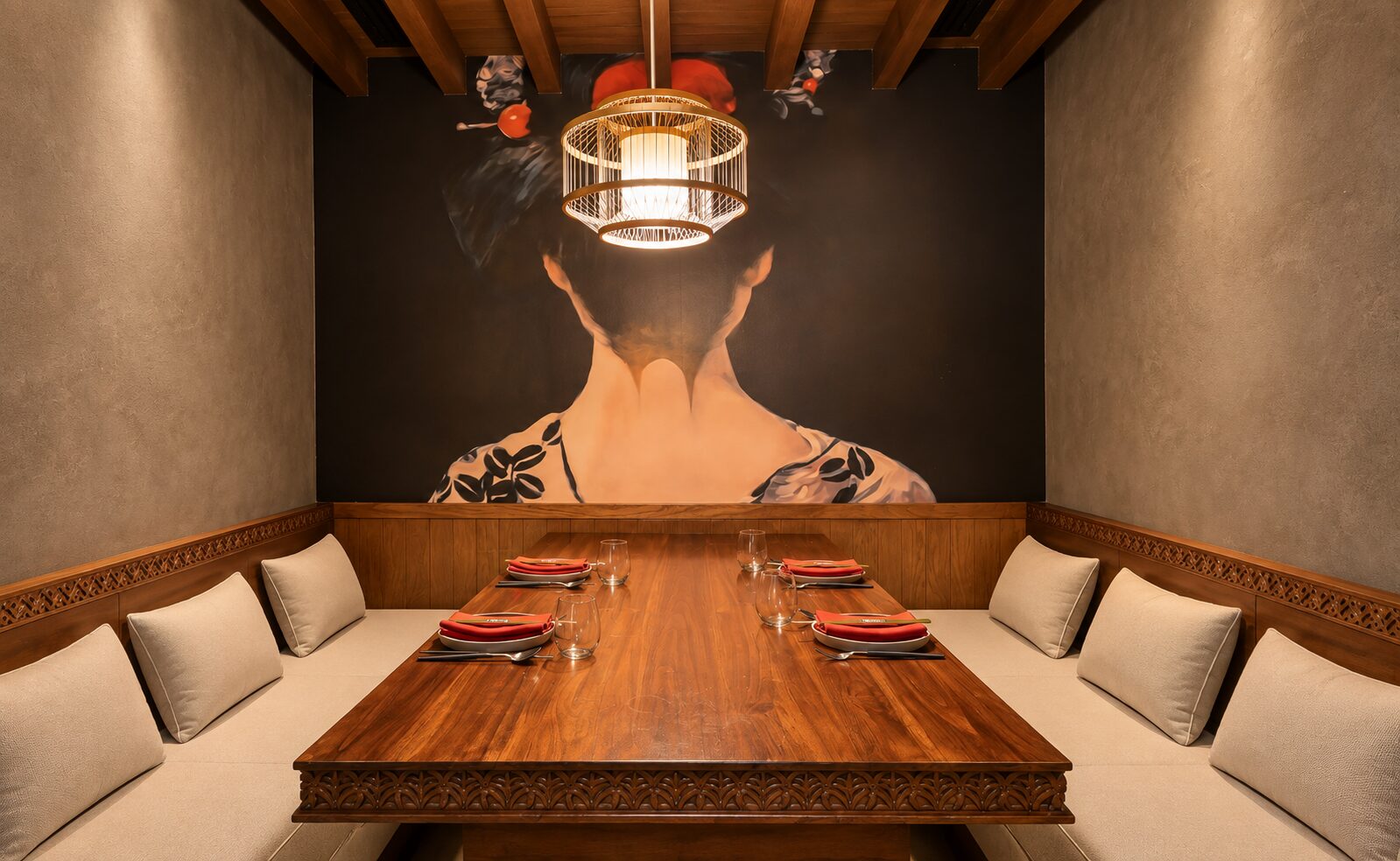 Symmetrical Walnut Dining Room with Mural
