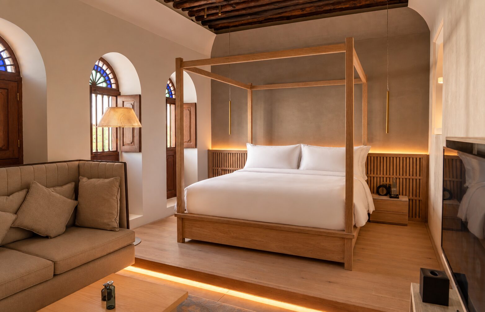 Warm Minimalist Four Poster Bedroom
